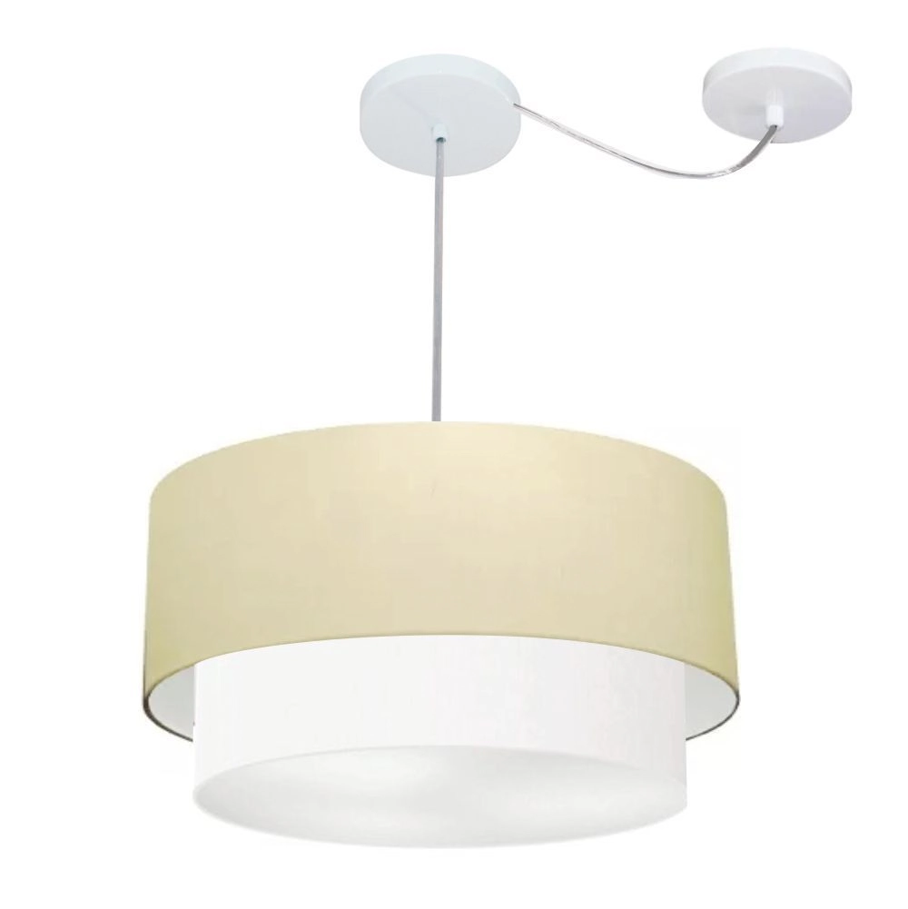 Pendente Duplo Cilíndrico Com Desvio De Centro Vivare Md-4365 Cúpula Em Tecido 45x40cm - Algodão Crú/Branco - 110v/220v