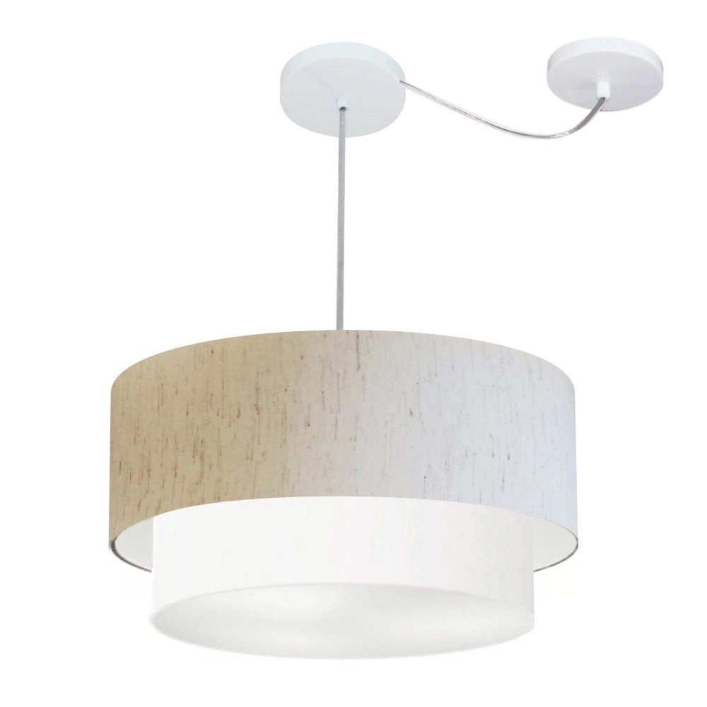 Pendente Duplo Cilíndrico Com Desvio De Centro Vivare Md-4366 Cúpula Em Tecido 50x40cm Linho Bege / Branco - 110v/220v