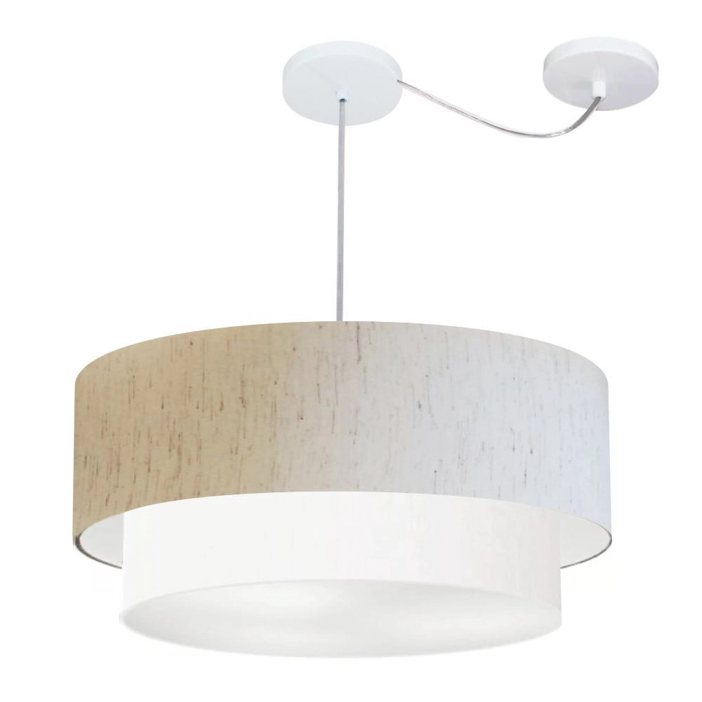 Pendente Duplo Cilíndrico Com Desvio De Centro Vivare Md-4367 Cúpula Em Tecido 55x50cm - Linho Bege / Branco - 110v/220v