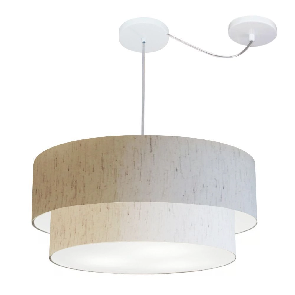 Pendente Duplo Cilíndrico Com Desvio De Centro Vivare Md-4368 Cúpula Em Tecido 60x50cm - Linho Bege - 110v/220v