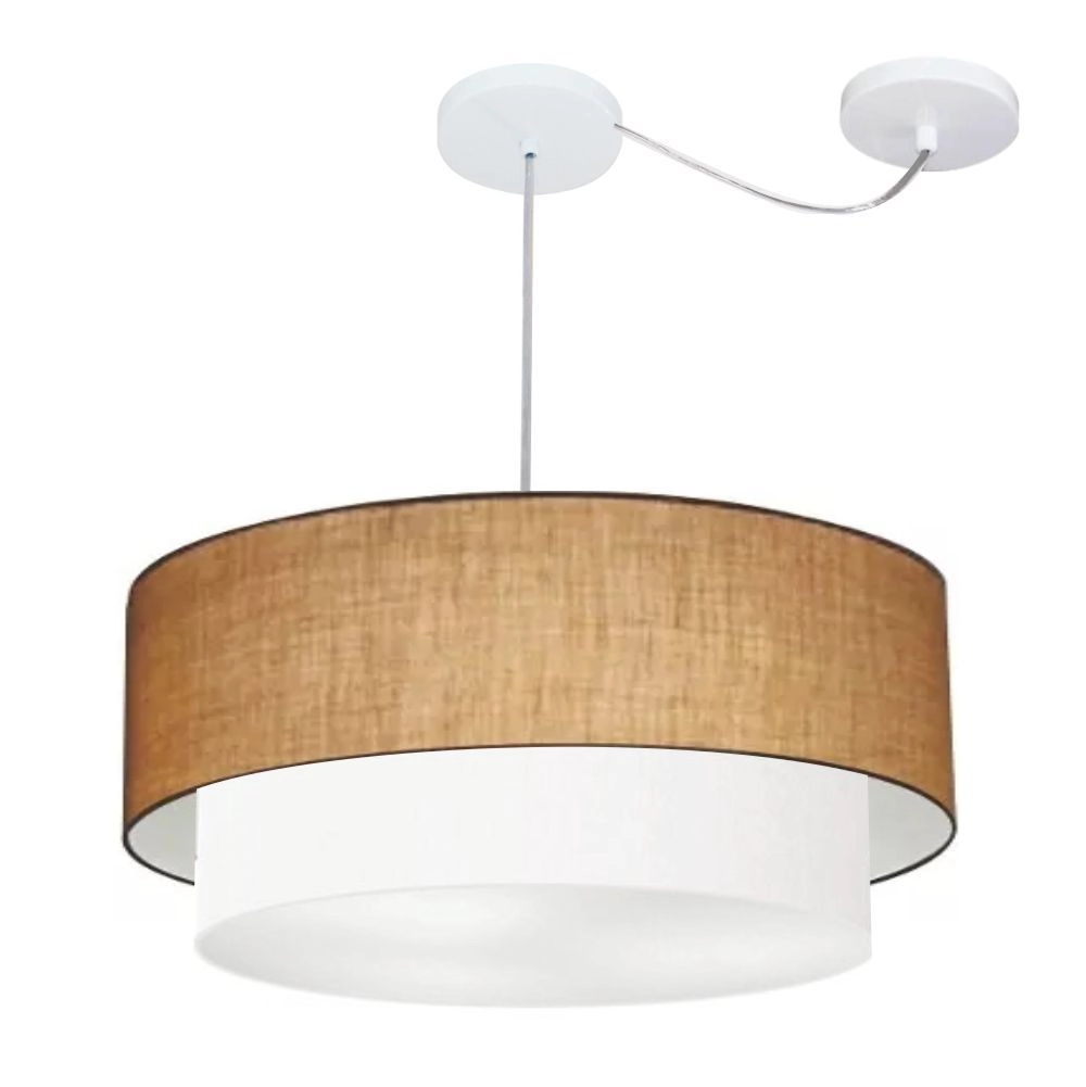 Pendente Duplo Cilíndrico Com Desvio De Centro Vivare Md-4368 Cúpula Em Tecido 60x50cm - Palha / Branco - 110v/220v