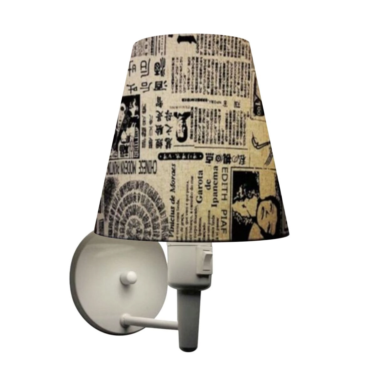 Arandela Cone Vivare Md-2032 Base Branco Com Interruptor Cúpula Em Tecido - Bivolt - Branco-estampado-jornal - 127/220v