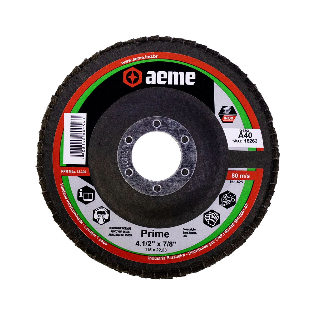 Disco Flap Aeme Prime Fibra Angular Óxido De Alumínio 4.1/2" (115mm) - Grão 40