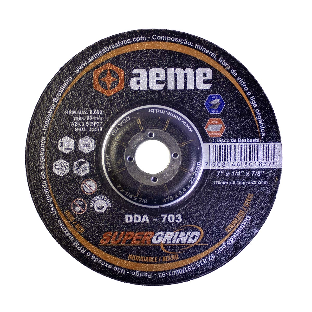 Disco Desbaste Aeme Aço/inox Dda 703 7x1/4x7/8 (180x6.4x22.22)