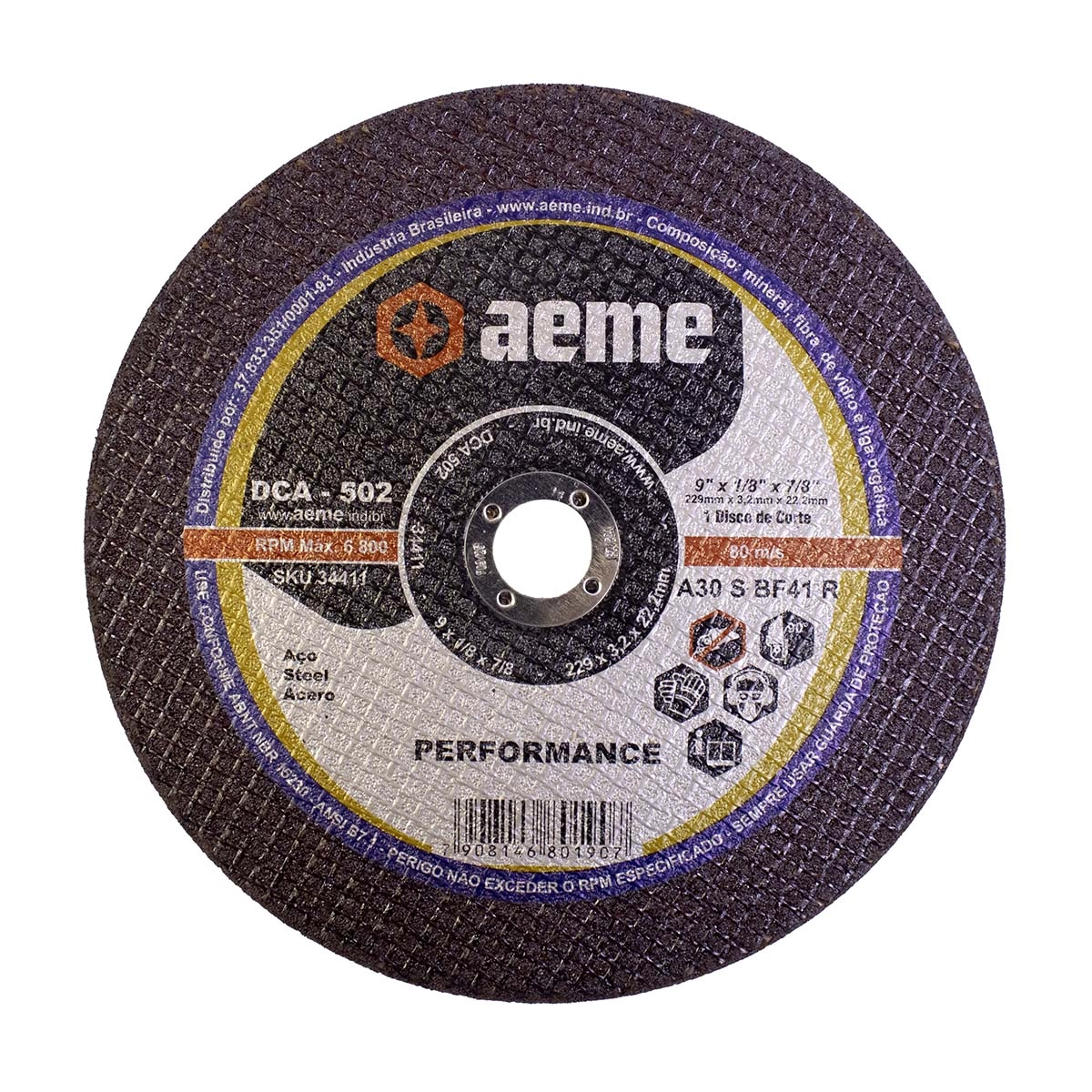 Disco Corte Aeme Aço Dca 502 9x1/8x7/8 2t (229x3.2x22.2) Reforçado