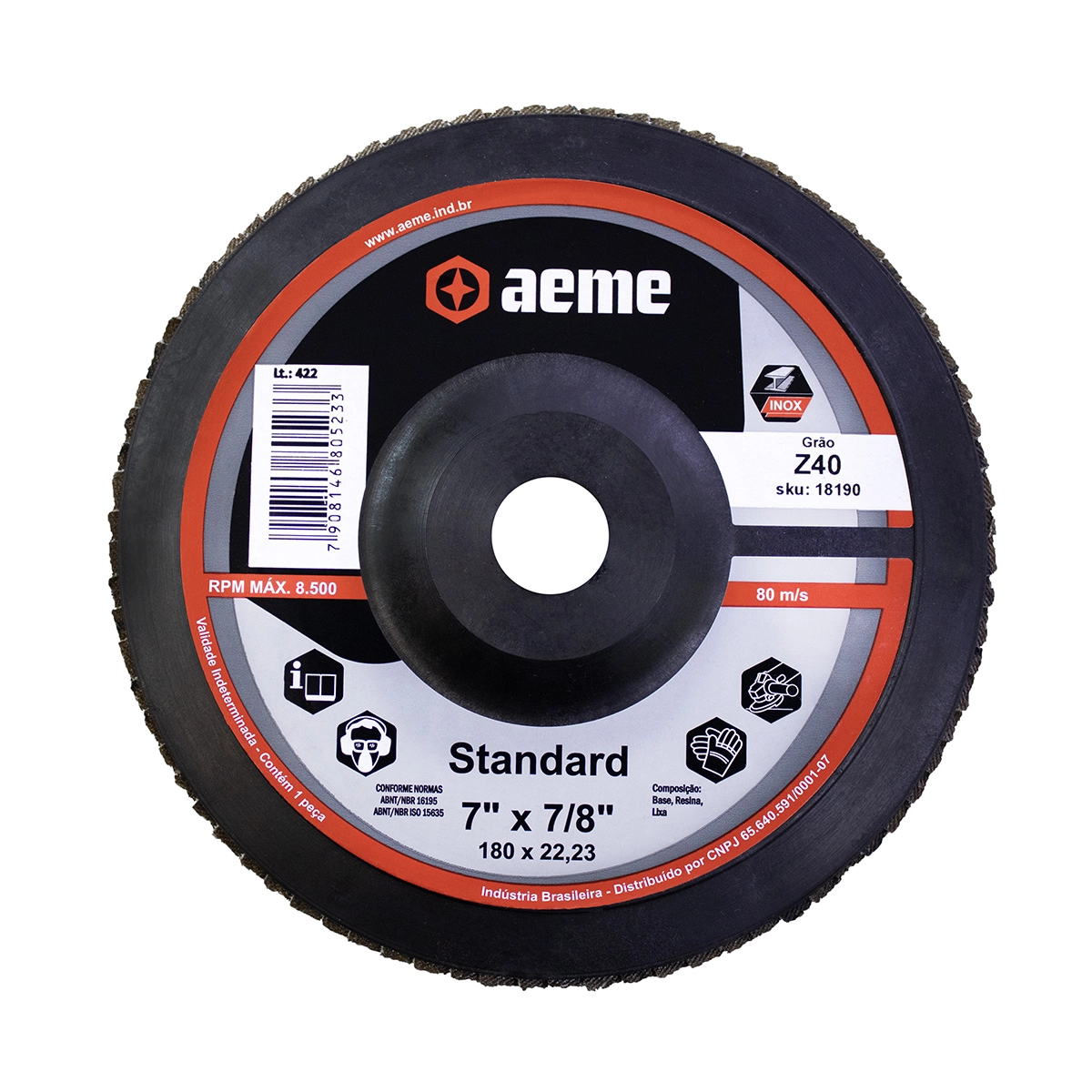 Disco Flap Aeme Standard Nylon Preto Reto Zircônio 7" (180mm) - 40
