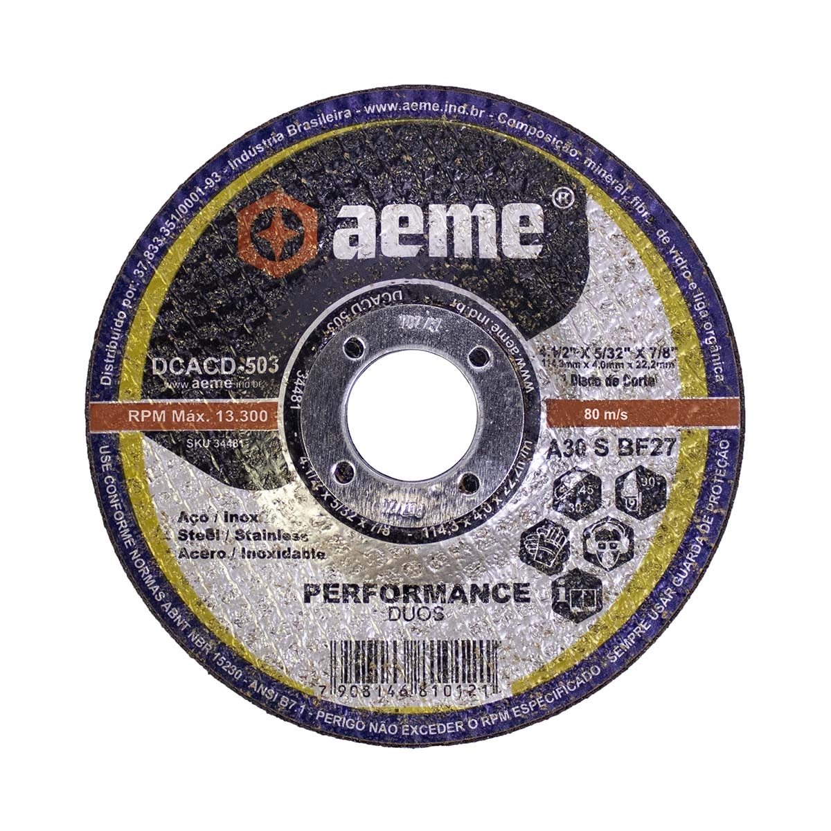 Disco Corte E Desbaste Aeme Aço Dcacd Duo 503 4.1/2x5/32x7/8 3t (114.3x4.0x22.22)