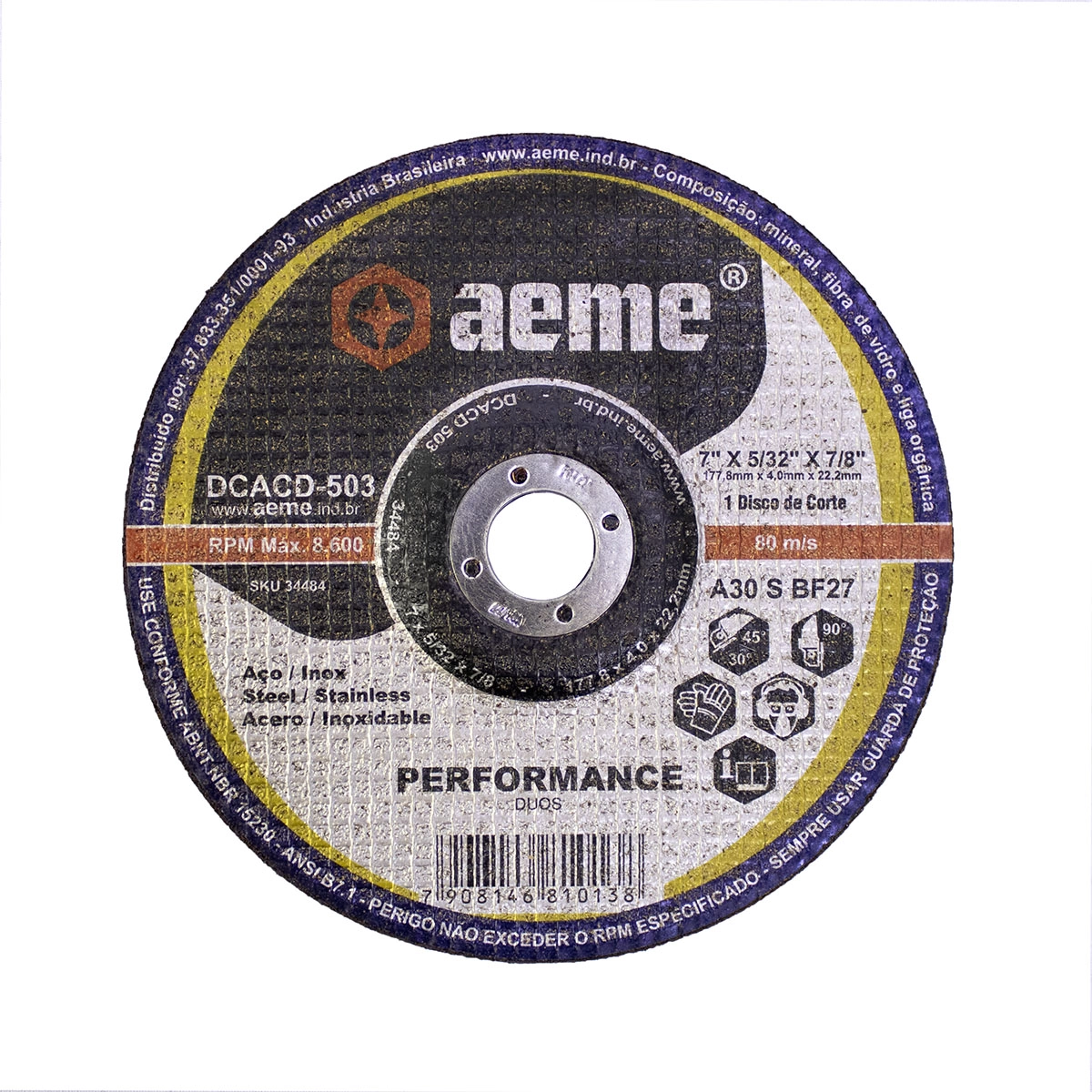 Disco Corte E Desbaste Aeme Aço Dcacd Duo 503 7x5/32x7/8 3t (177.8x4.0x22.22)