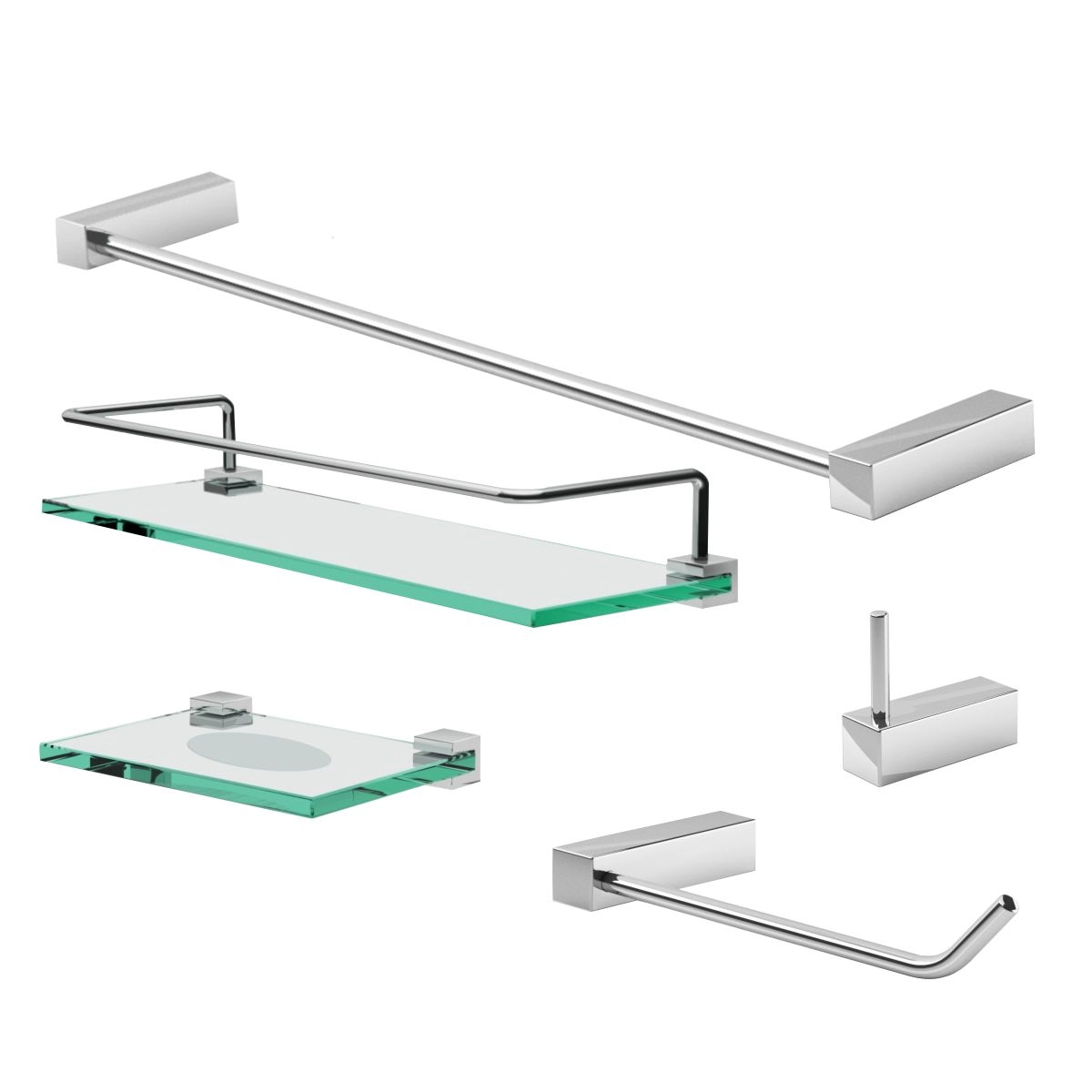 Kit de Acessórios Banheiro Prateleira Proteção Fenda Quadrada Troia Prata Grego Metal