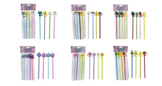 Canudo De Plastico Reto Reutilizavel C/enfeite Tp. Protetor Frutas 4 Pcs 25