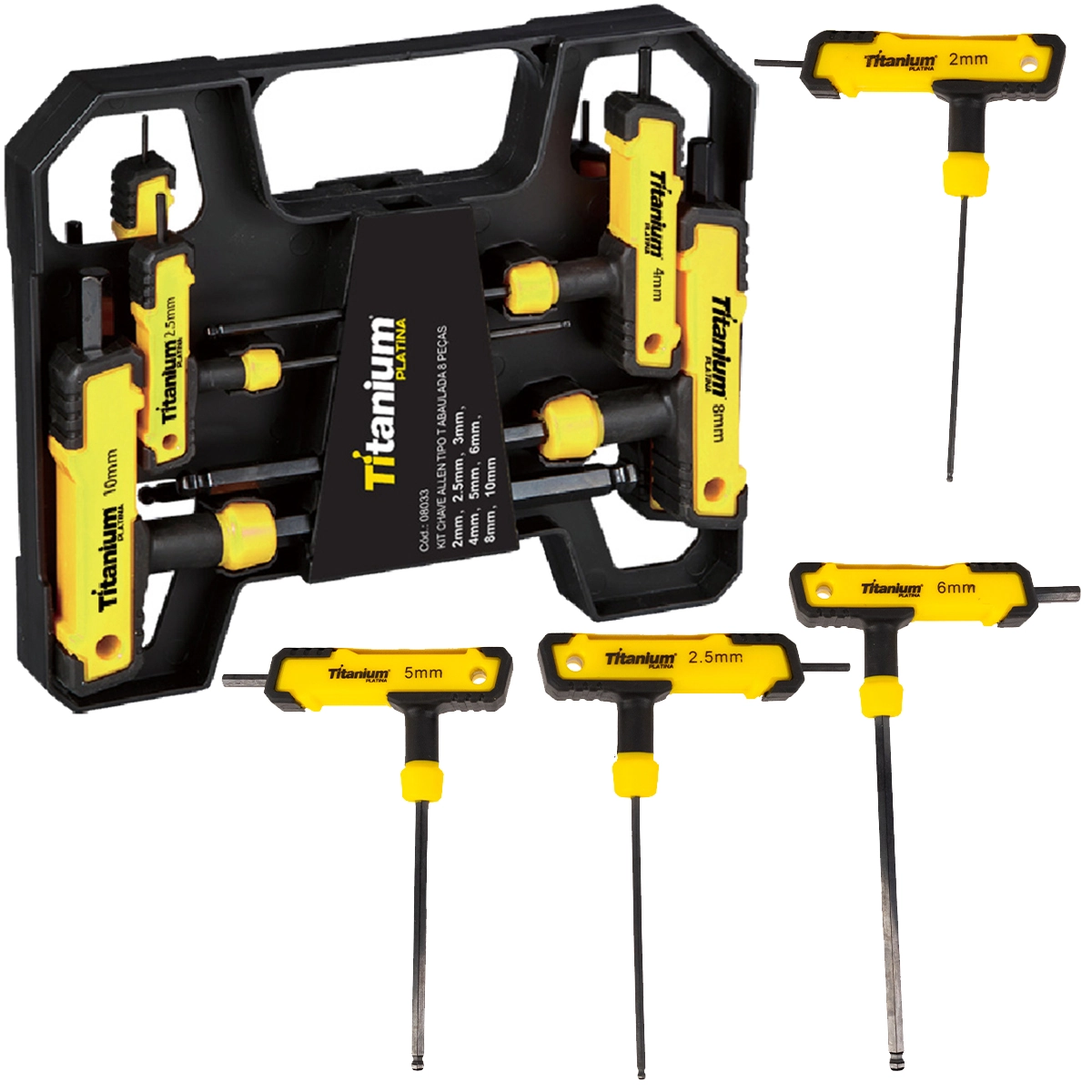 Kit Chave Allen Tipo T Abaulada 08 Pcs 2, 2.5, 3, 4, 5, 6, 8, 10mm Crv - Acab. Preto