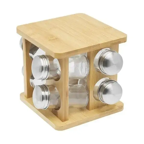 Porta Tempero Condimento Inox 8 Potes + Suporte Em Bambu ECOKITCHEN - Mimo Style