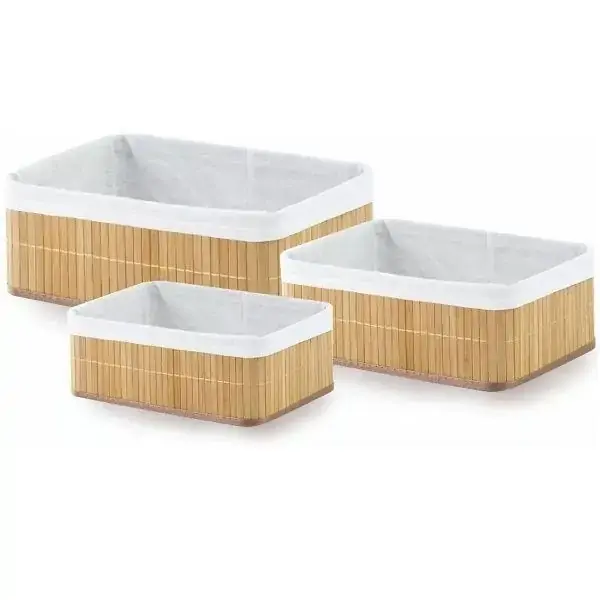 Conjunto com 3 Cestos Multiuso em Bambu Claro Forrado em Algodao Mimo STYLE BM19231 6840