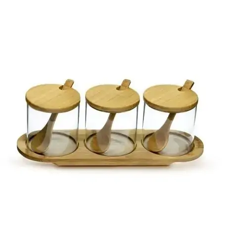 Jogo 3 Potes Em Vidro Boro Com Colher, Tampa E Suporte Bambu - Ilovecoffee