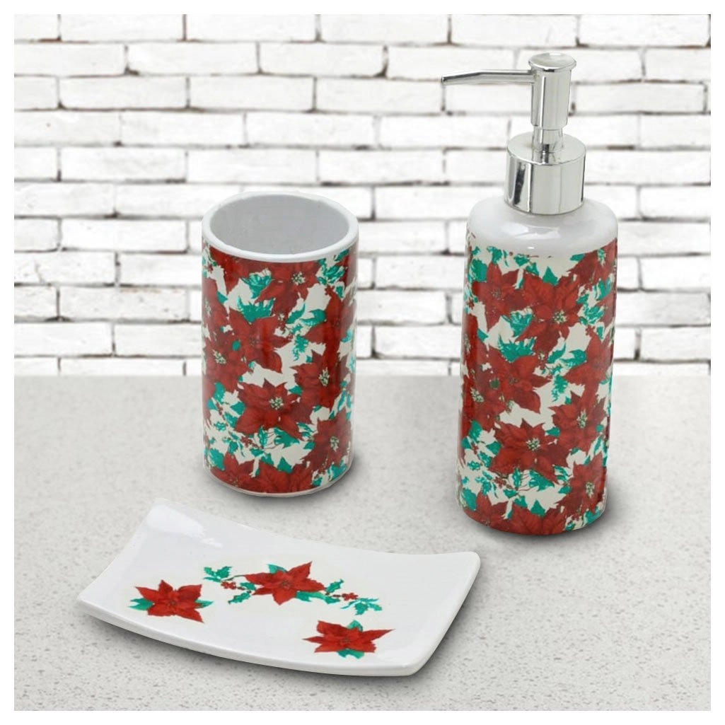 Jogo De Banheiro De Natal Com Flores Cerâmica 3 Peças