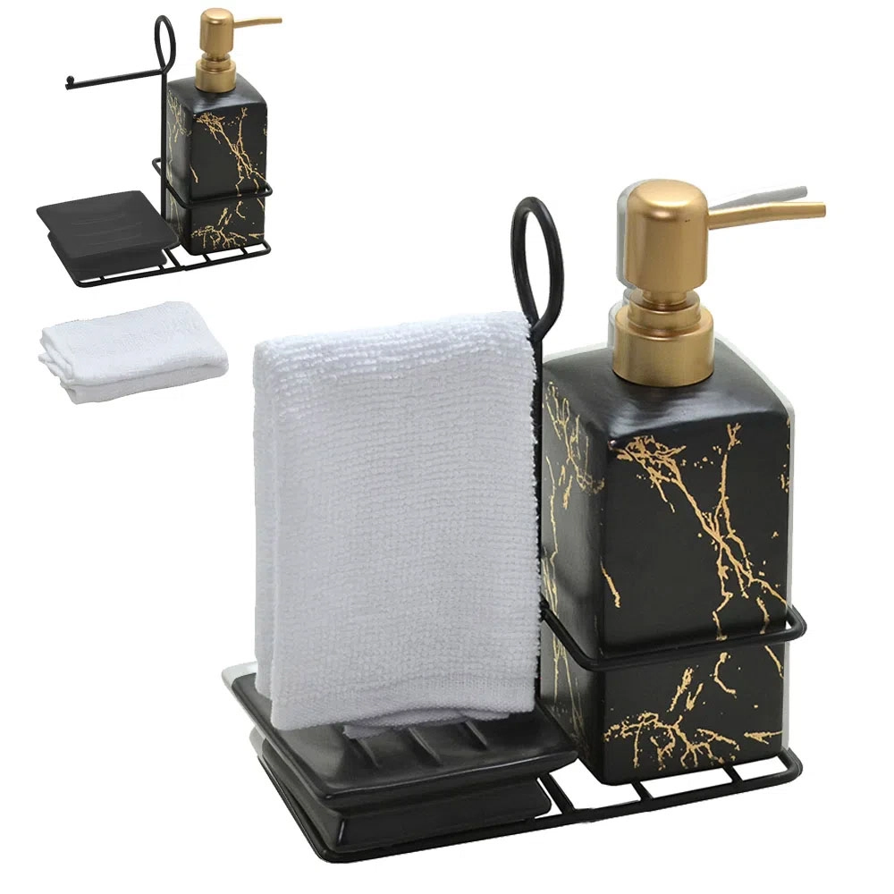 Kit 3 Peças Para Banheiro De Cerâmica Preto Com Toalha