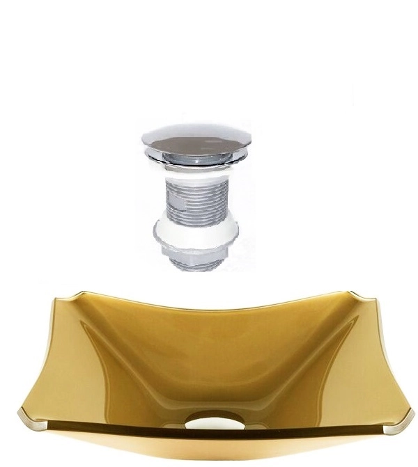 Cuba De Vidro Retangular Chanfrada 37cm Dourado Real + Válvula Click