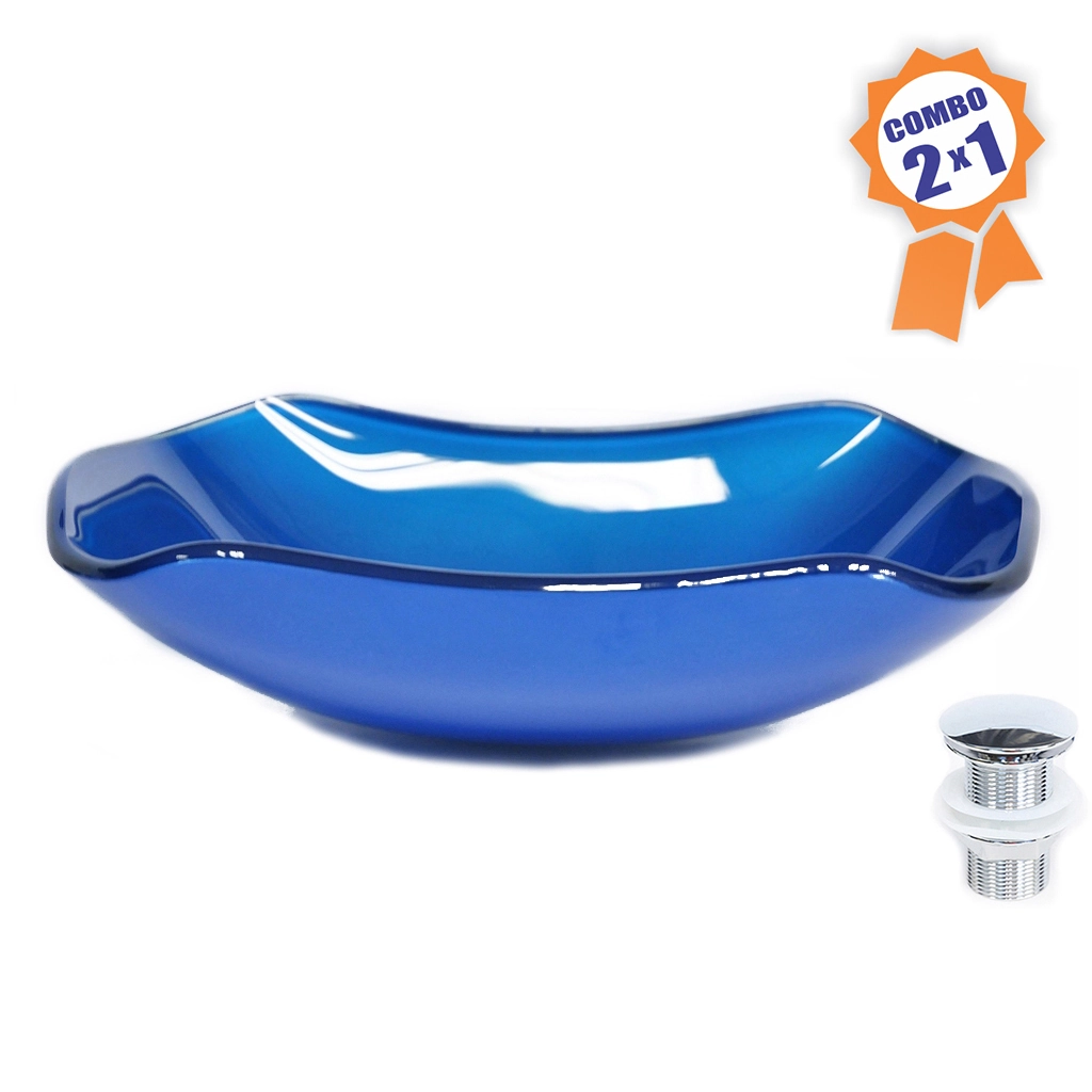 Cuba De Vidro Retangular Abaulada 45cm Azul Escuro + Válvula Click