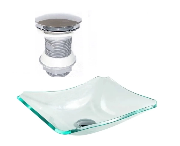 Cuba De Vidro Retangular Chanfrada 37cm Jateada + Válvula Click