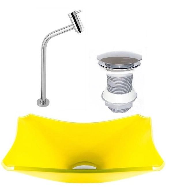 Cuba De Vidro Retangular Chanfrada 37cm Amarelo + Válvula Click + Torneira