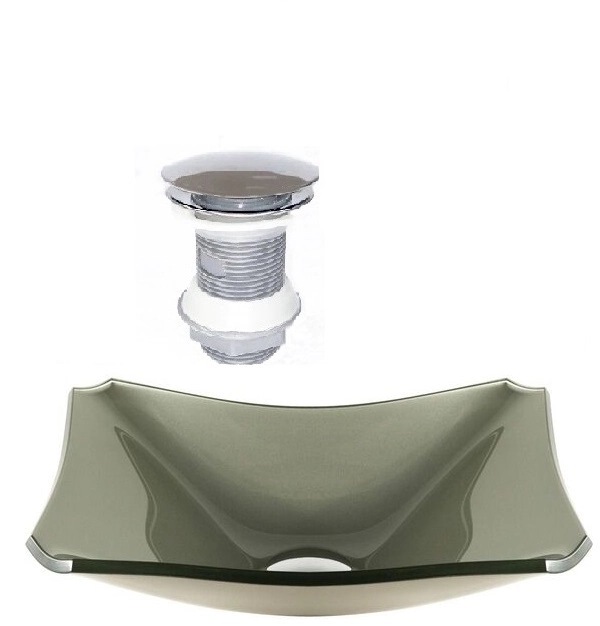 Cuba De Vidro Retangular Chanfrada 37cm Champanhe + Válvula Click