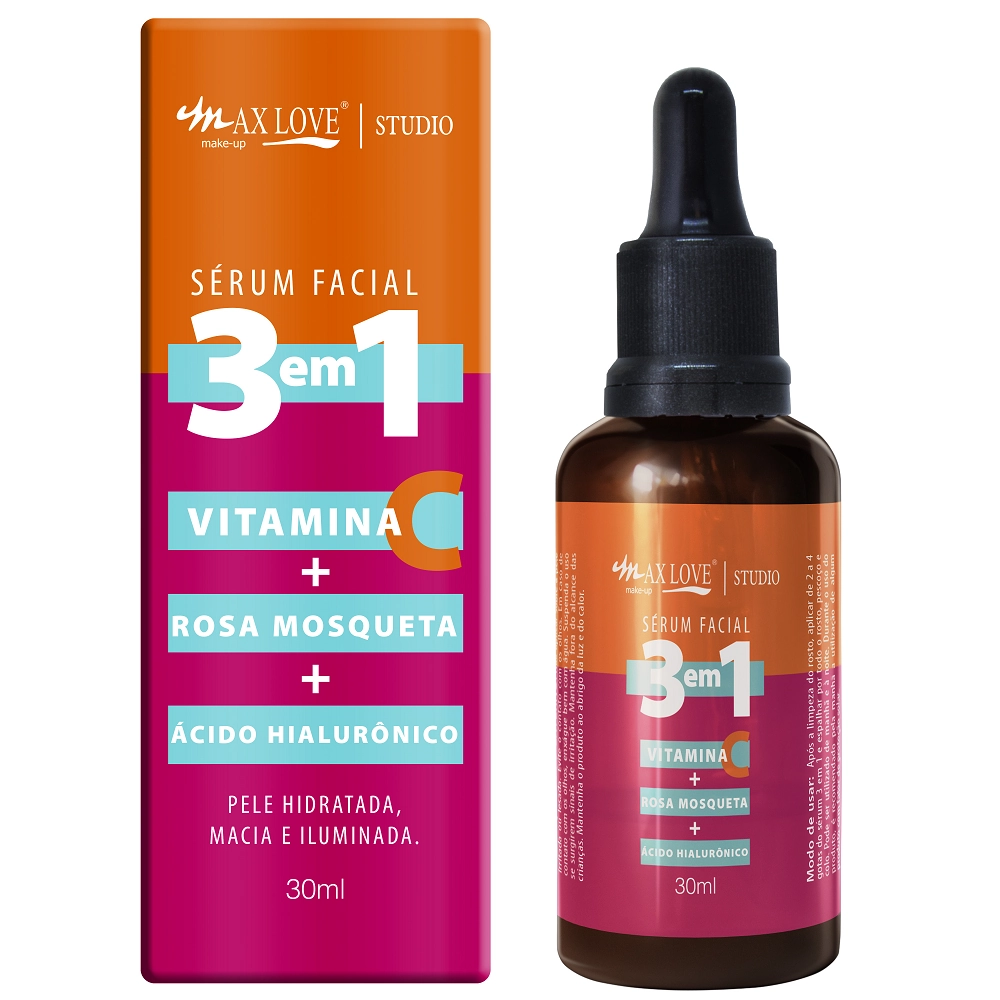 Serum Facial Max Love 3 em 1 - Rosa Mosqueta + Vitamina C + Ácido Hialurônico