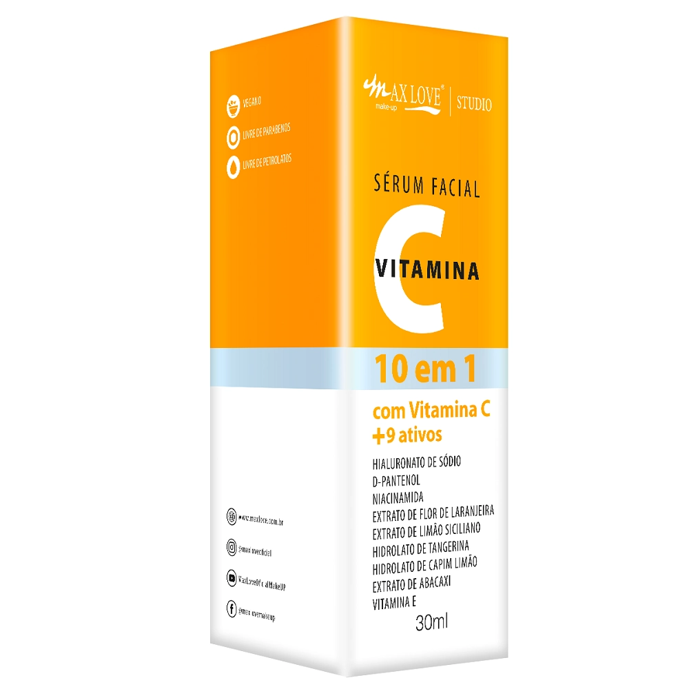 Sérum Facial Vitamina C, 10 Em 1, Pele Hidratada, Macia E Iluminada, 30ml, Max Love