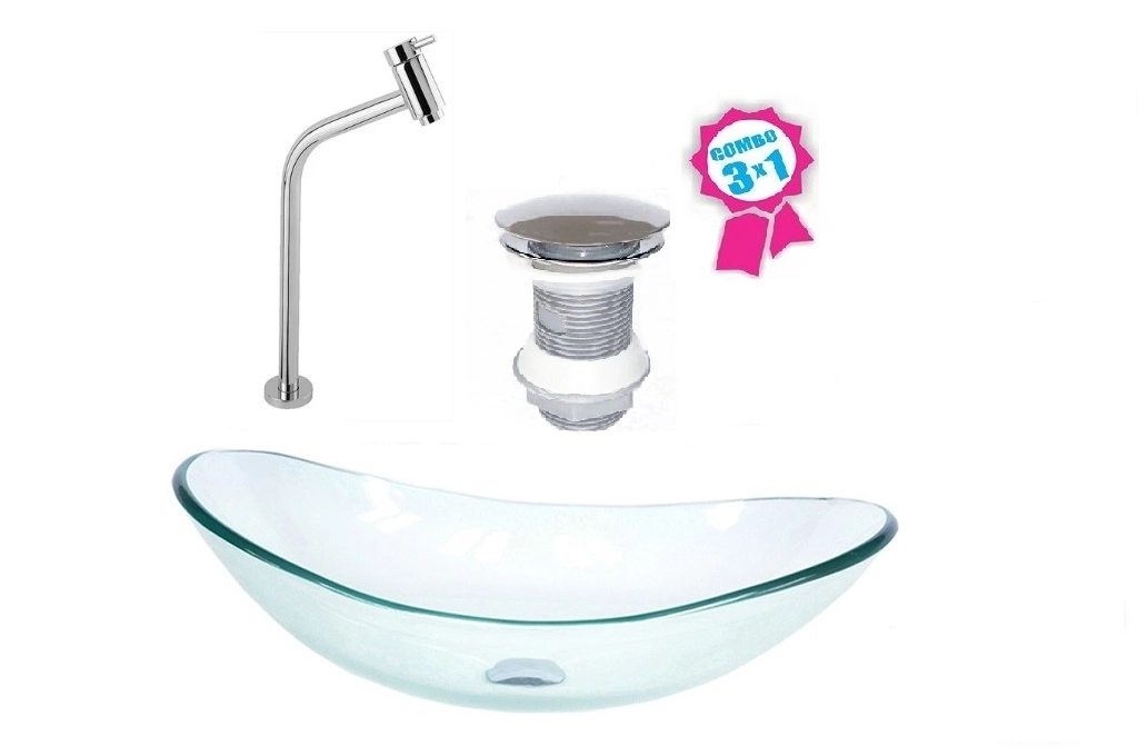 Cuba De Vidro Oval 47cm Jateada + Válvula Click + Torneira De Metal
