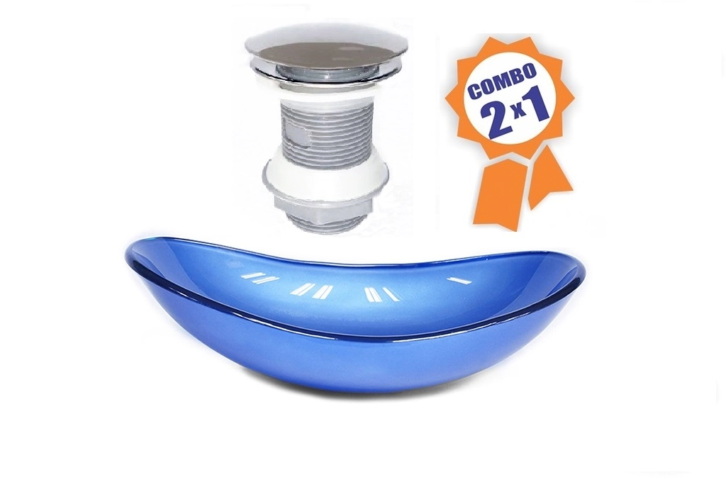 Cuba De Vidro Oval 47cm Azul Escuro + Válvula Click