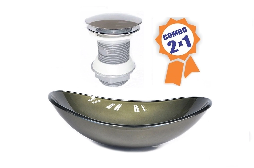 Cuba De Vidro Oval 47cm Ouro Envelhecido + Válvula Click