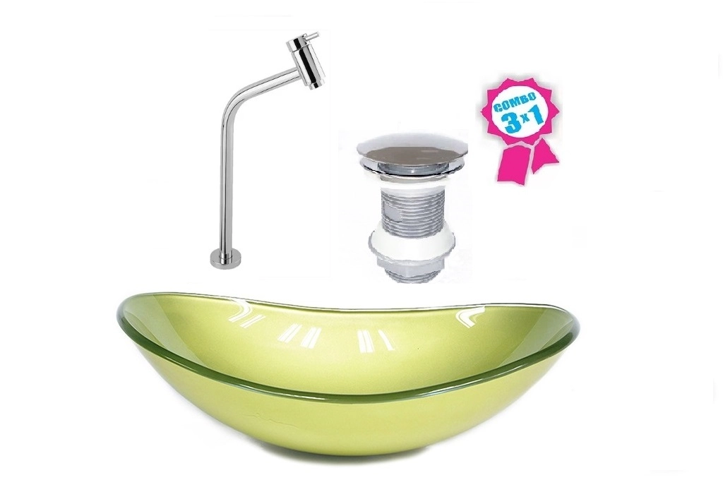 Cuba De Vidro Oval 47cm Verde Oliva + Válvula Click + Torneira De Metal