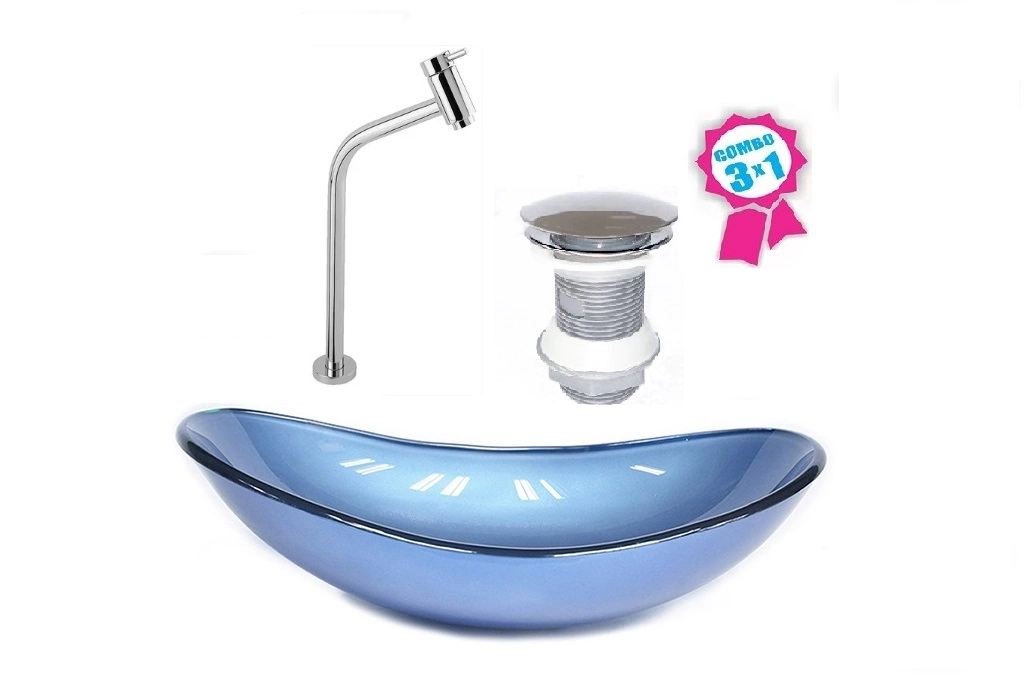 Cuba De Vidro Oval 47cm Azul + Válvula Click + Torneira De Metal