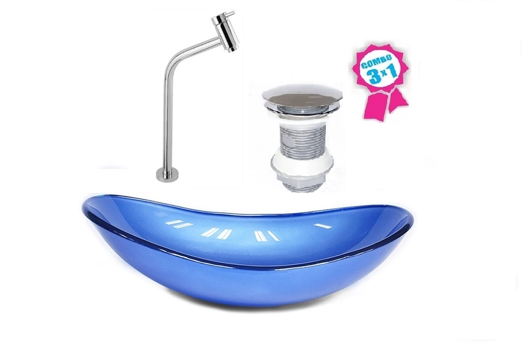Cuba De Vidro Oval 47cm Azul Escuro + Válvula Click + Torneira De Metal