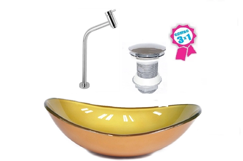 Cuba De Vidro Oval 47cm Dourado Real + Válvula Click + Torneira De Metal