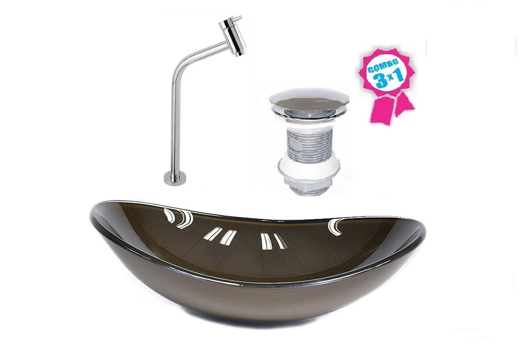 Cuba De Vidro Oval 47cm Marrom + Válvula Click + Torneira De Metal