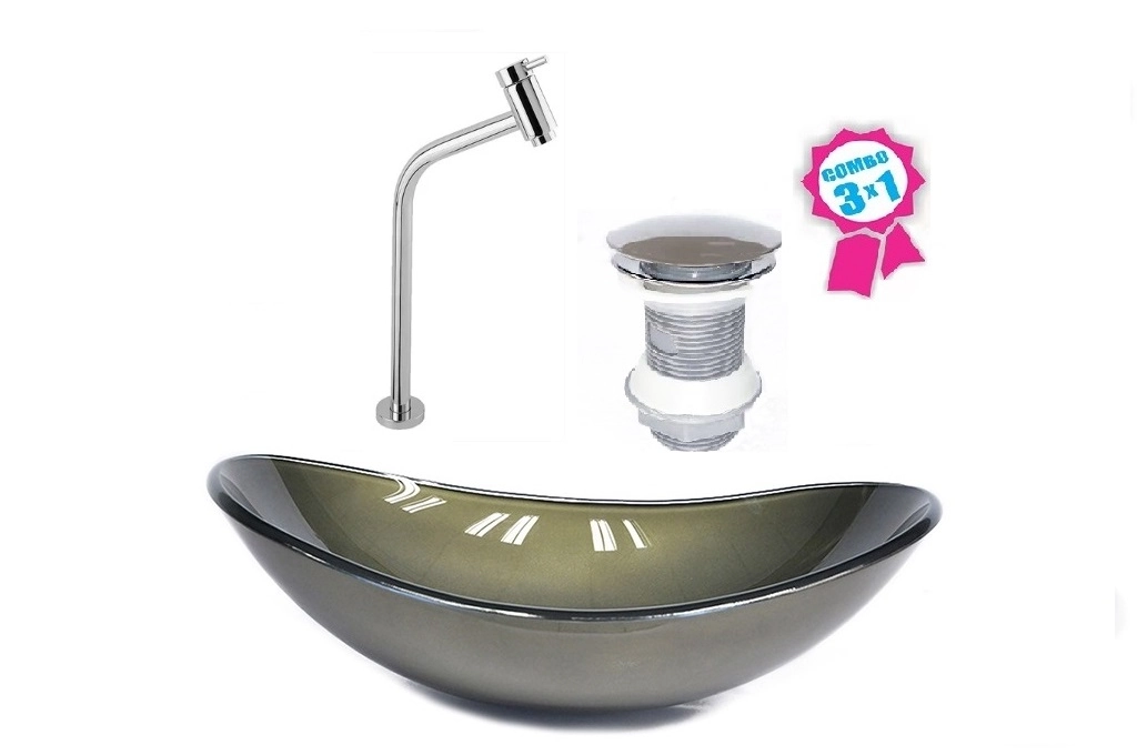 Cuba De Vidro Oval 47cm Ouro Envelhecido + Válvula Click + Torneira De Metal