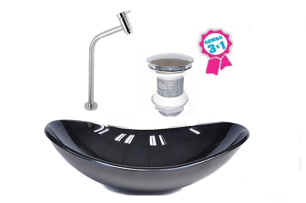 Cuba De Vidro Oval 47cm Preta + Válvula Click + Torneira De Metal
