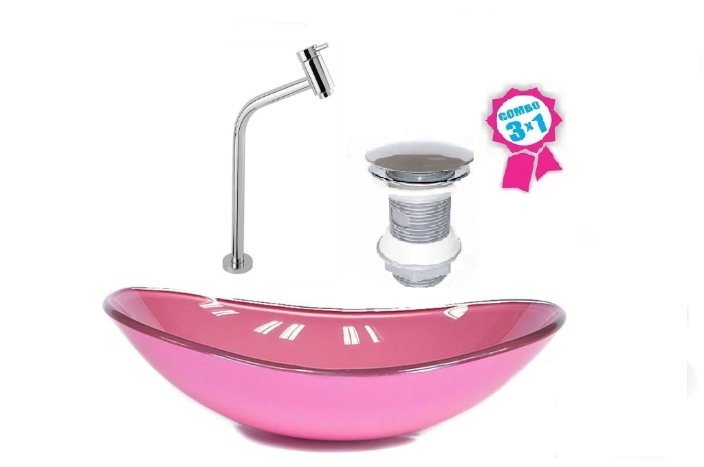 Cuba De Vidro Oval 47cm Rosa + Válvula Click + Torneira De Metal