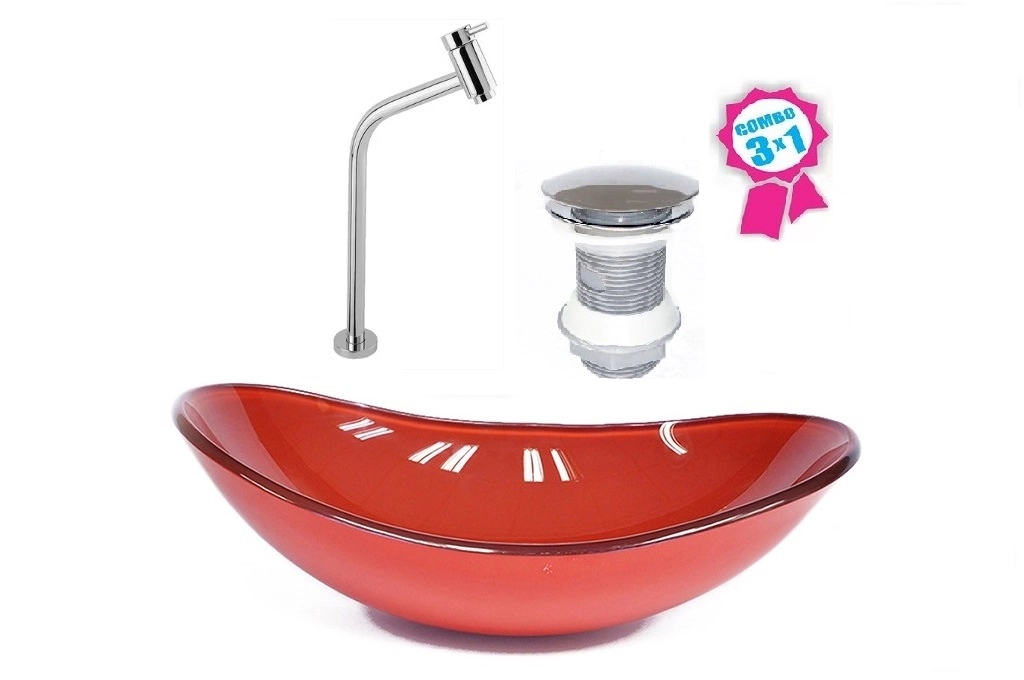 Cuba De Vidro Oval 47cm Vermelho Ferrari + Válvula Click + Torneira De Metal