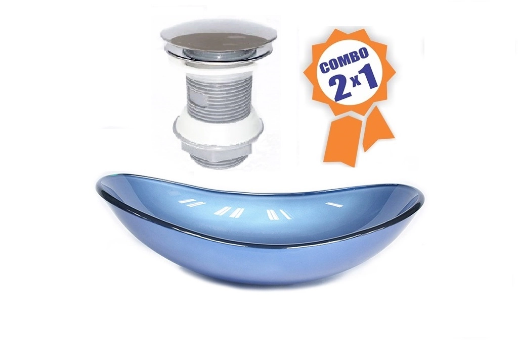 Cuba De Vidro Oval 55cm Azul + Valvula Click