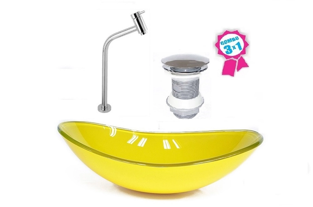 Cuba De Vidro Oval 55cm Amarela + Valvula Click + Torneira Metal