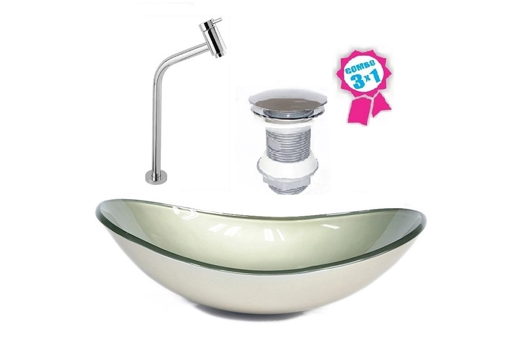 Cuba De Vidro Oval 55cm  Champanhe + Valvula Click + Torneira Metal