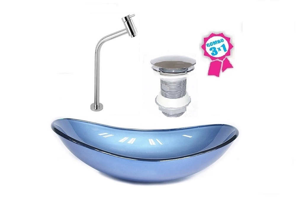 Cuba De Vidro Oval 55cm Azul + Valvula Click + Torneira Metal