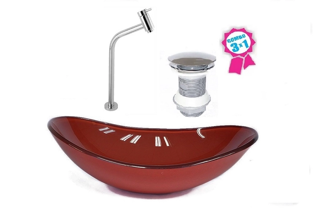 Cuba De Vidro Oval 55cm Vermelho Cereja + Valvula Click + Torneira Metal