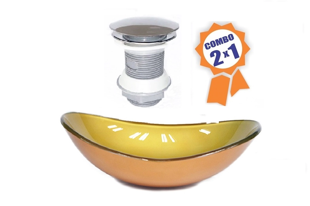 Cuba De Vidro Oval 55cm  Dourado Real + Valvula Click
