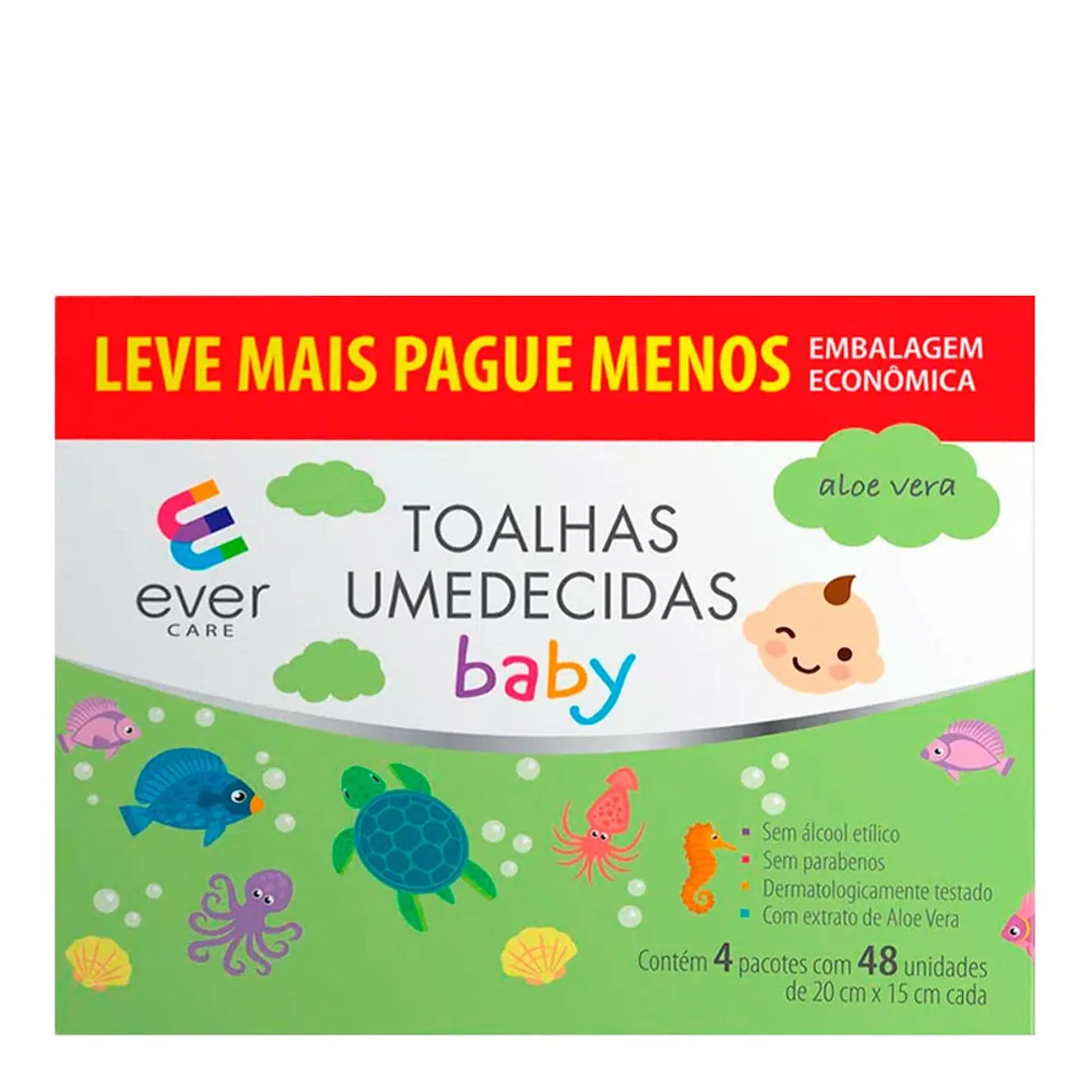 Kit Lenço Umedecido Ever Care Baby Aloe Vera 4 Pacotes com 48 Unidades