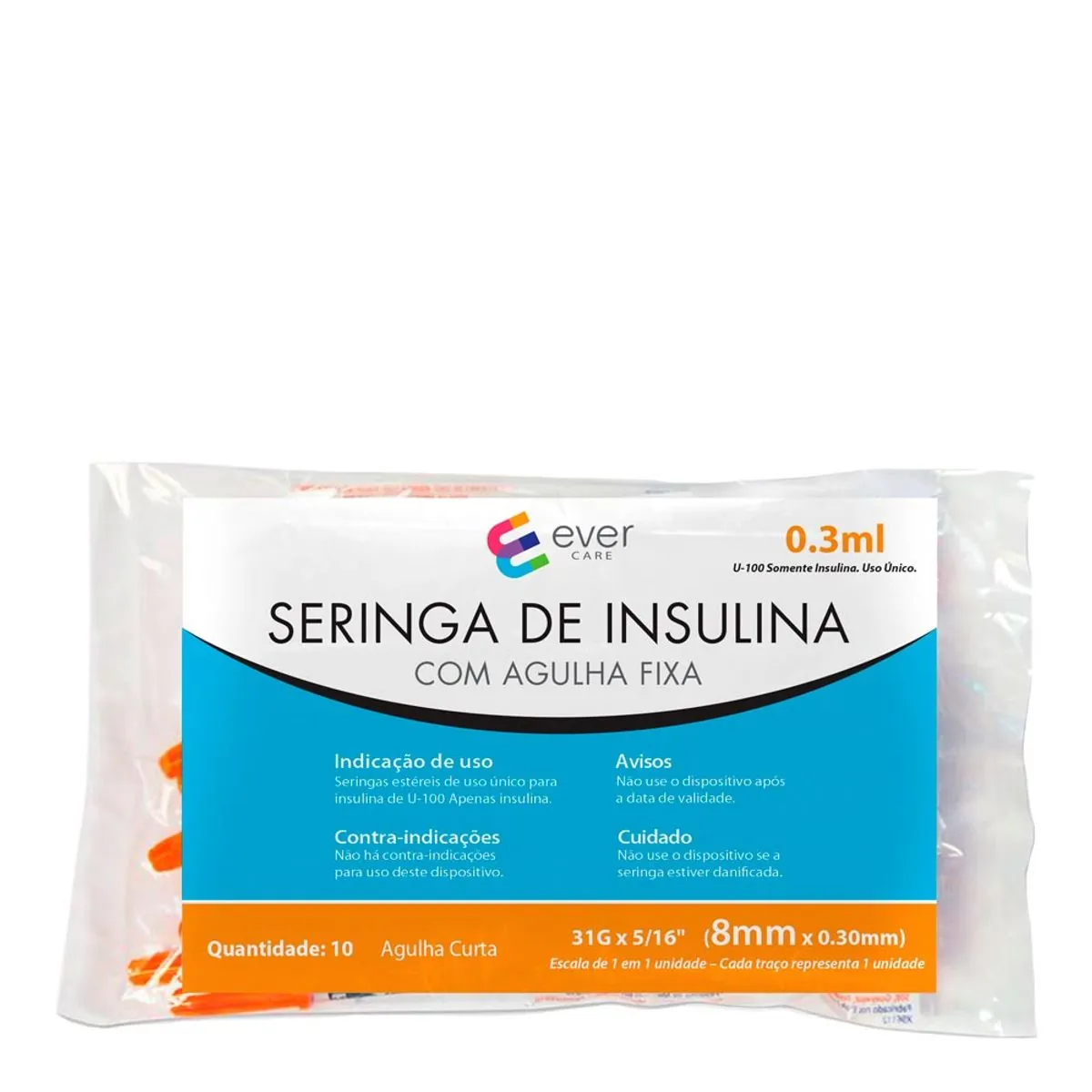 Seringa de Insulina Ever Care 0,3ml 8mm 10 Unidades
