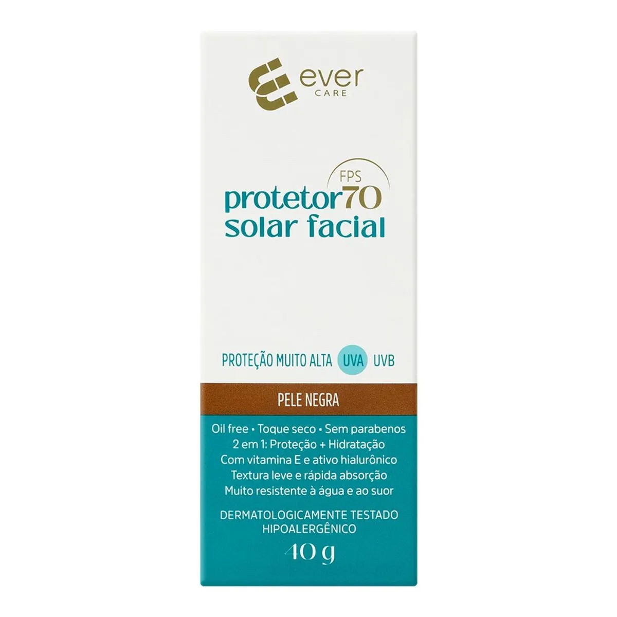 Protetor Solar Facial Ever Care FPS 70 com Cor Pele Negra 40g