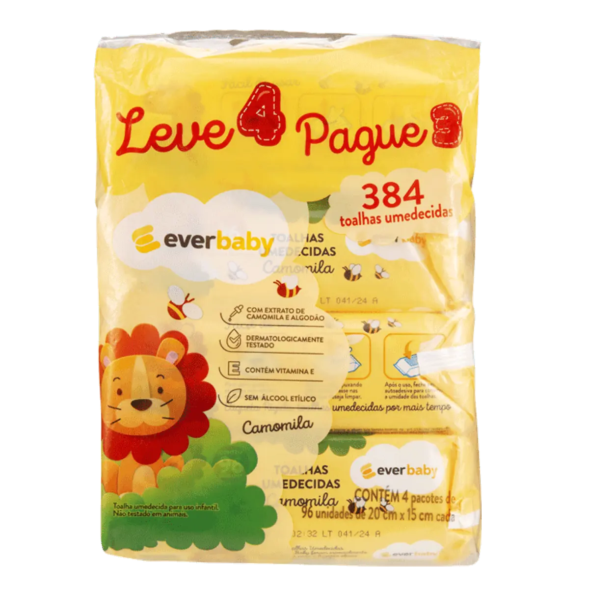 Kit Toalhas Umedecidas Ever Baby Camomila 4 Pacotes com 96 Unidades Cada