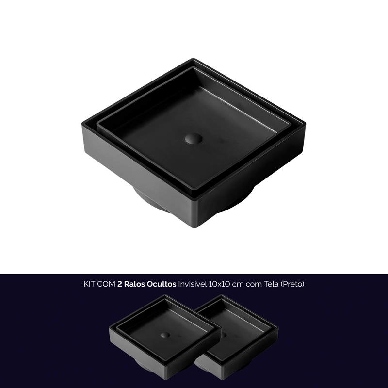 Kit 02 - Ralo Oculto Invisível 10x10 Cm Com Tela (preto)